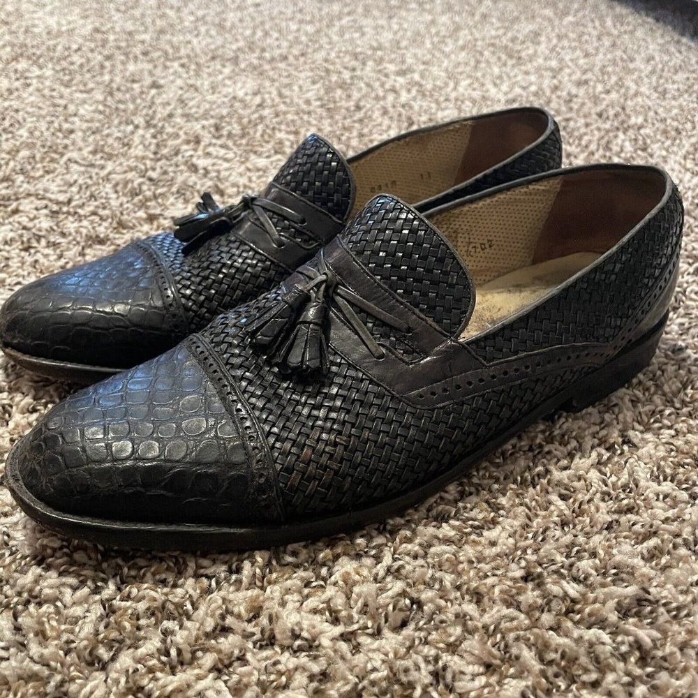 Mezlan Imperio Black CROCODILE & Leather Woven Tassel Loafer Shoes 11 *REPAIR*